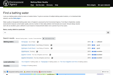screenshot showing use of search box to search for bathing water