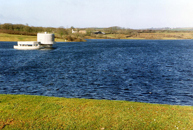 Photograph showing Roadford Lake and the overflow tower.