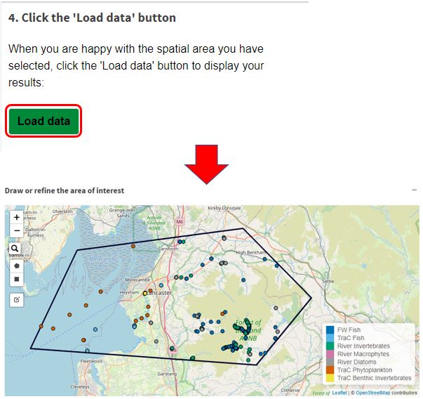 'Load data' button in box 4 selected followed by the data displayed on the map for the drawn area