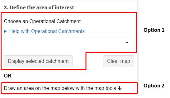 Operational catchment dropdown selector and text guiding to the map