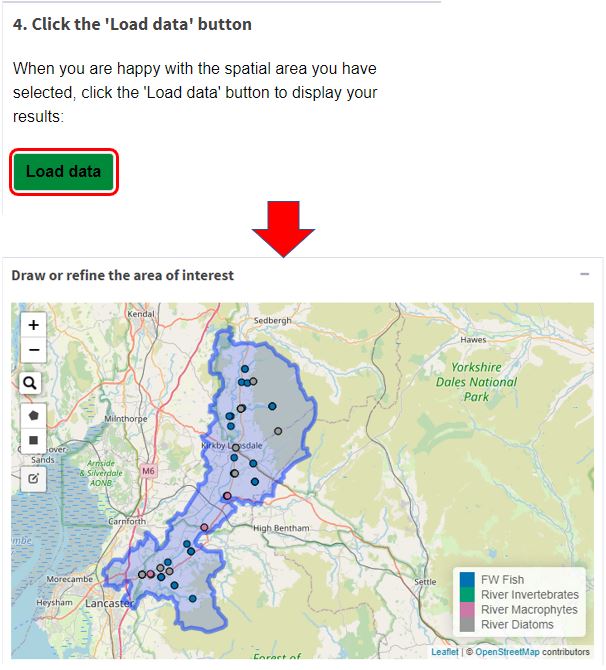 'Load data' button in box 4 selected followed by the data displayed on the map for selected operational catchment